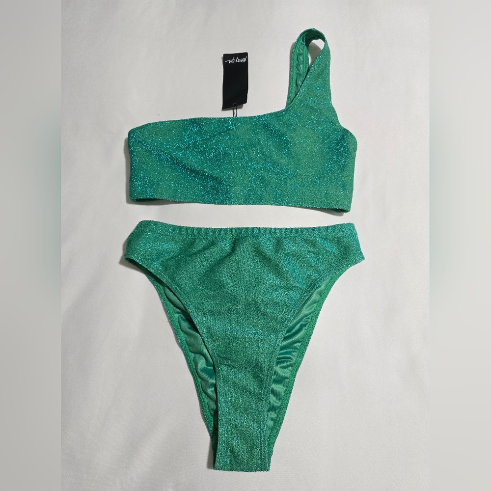 Nasty Gal Emerald Glitter One-Shoulder Bikini